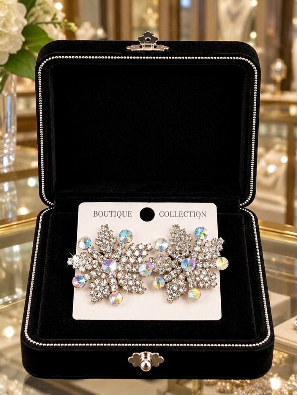 Massive Clear Aurora Borealis Rhinestone Prong Set Silver Tone Clip Earrings